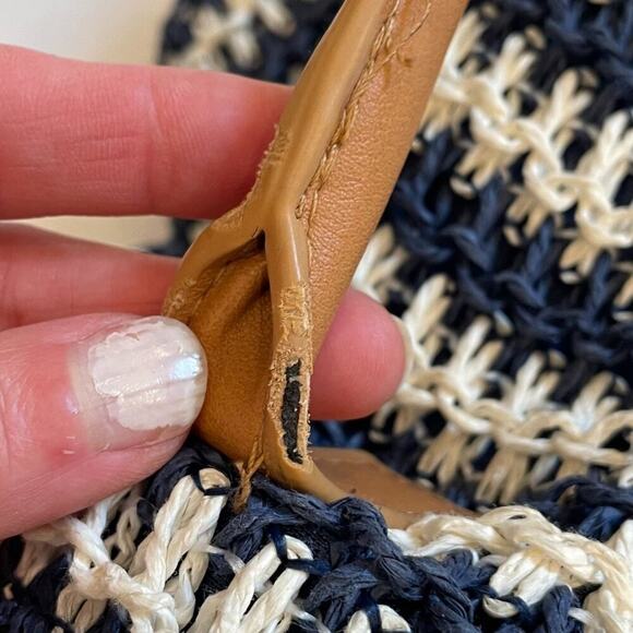 H&M Navy & Ivory Boho Raffia Straw Tote Shoulder Beach Bag Lined, Beige Handles - Picture 13 of 15